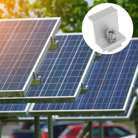 Rock Solid Heavy Duty Aluminum Solar Panel Clamps 12 Piece Set mounted on solar panels, featuring secure installation hardware and side pressure grip.