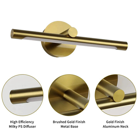 16.33 Inch LED Picture Light Wall Mount For Art And Photos, brushed gold finish, aluminum neck, milky PS diffuser.
