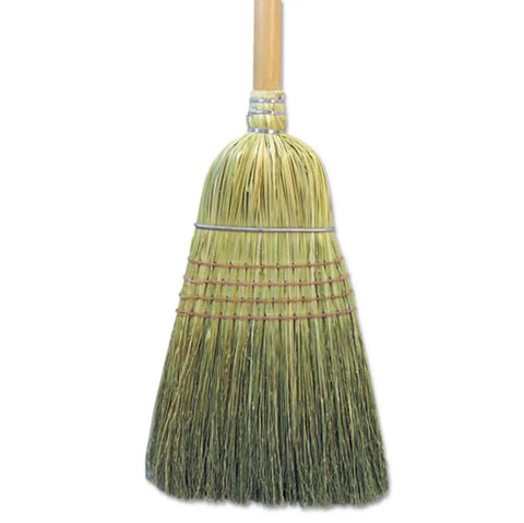 42 Inch Natural Fiber Wire Banded Warehouse Broom With Real Wood Handle for sweeping concrete and garages, featuring stiff bristles.