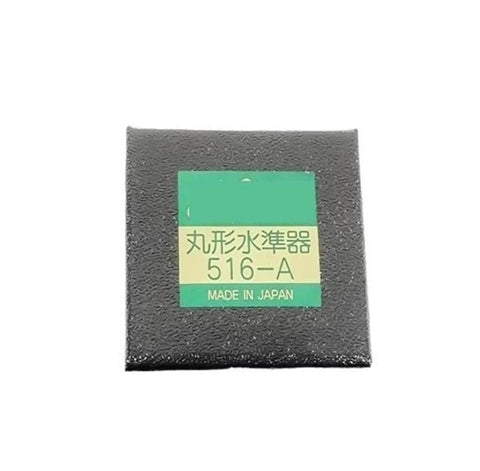 AR101(516‑A) Round Spirit Level, Mini Circular Level Vial label on textured black base made in Japan.