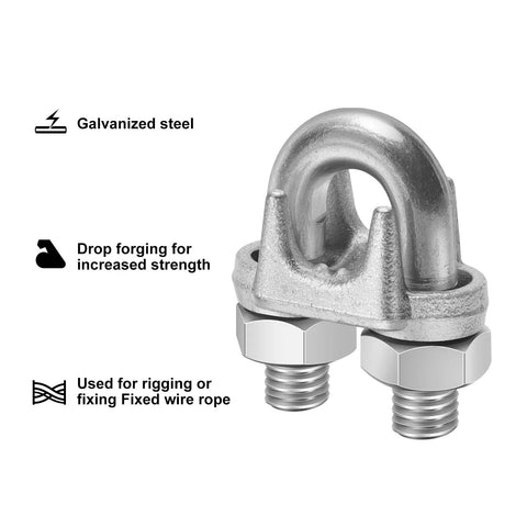Close-up of 50 Pcs M6 Wire Rope Clips Galvanized Steel U Bolt Cable Clamps Beefy Heavy Duty Saddle Fasteners for outdoor use.