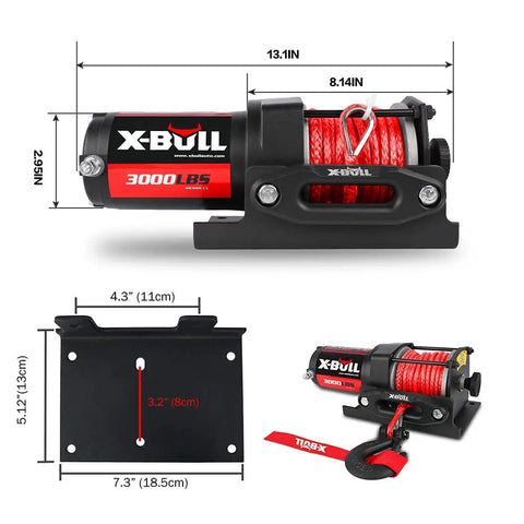 12V 3000Lbs Winch With Synthetic Rope For ATV UTV Off Road Beefy Workhorse featuring dimensions and mounting bracket
