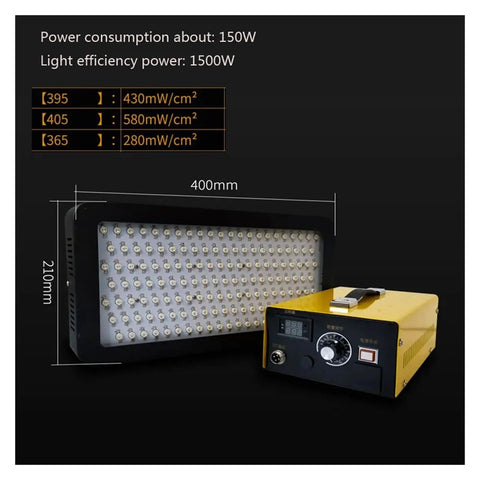 Pro Grade 1500W UV Resin Curing Light With Smooth Stepless Dimming And Hella Fast Shadowless 365Nm 395Nm Rays shown with dimensions.