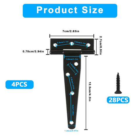 4 Pack 5 Inch T Strap Hinges Heavy Duty Outdoor Gate Hinges Black For Wood Fences Barn Doors Sheds And Gates Premium Iron Hardware dimensions