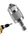 Hex Shank Drill Chuck Converter With Quick Change For No Fuss Bit Swaps And A Three Jaw Grip attached to a power drill