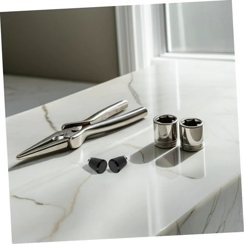 Heavy Duty Metal Spring Plunger Pins With Smooth Operation, Consistent Rebound Black Mechanical Knob Lock Pins For Industrial Machinery And Tool Setup Installation 4 Pack on a marble surface with tools.