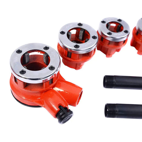 Portable Ratchet Pipe Threading Kit With Six Dies And Case showing red dies and black threads for copper, steel, and PVC lines.