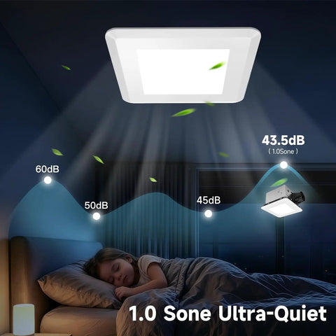 Butter Smooth 80 Cfm Bathroom Exhaust Fan With Bright Led Light And Five Dialable Warmth Levels, ultra-quiet in use just above sleeping child.