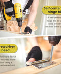 All In One Door Hinge Installation Kit With Router Template For 3 To 5 Inch Doors And 1/4 Or 5/8 Inch Thickness Includes Router Bit Self Centering Hinge Bit Double Headed Screwdriver And Easy To Follow User Manual Green in use on door hinge with drill.