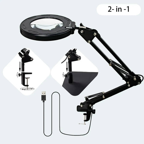 12X Magnifying Glass With Light And Stand, Hands Free 2 In 1 LED Magnifier with adjustable arm and USB cable for DIY projects