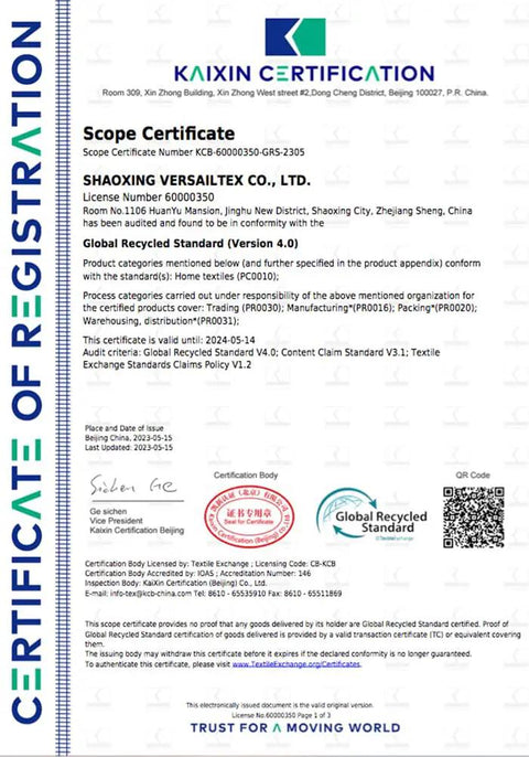 Global Recycled Standard certificate for Shaoxing Versailtex Co., Ltd from Kaixin Certification.