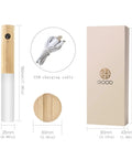 Wooden LED Night Lights With Motion Sensor Dual Sensing Photosensitive and Infrared, USB cable, and box packaging displayed.