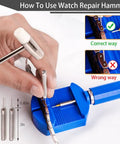 Pro Watch Link Removal Kit With Pin Remover Tools For Watch Band Adjustment And Bracelet Sizing Easy Watch Resizing Includes 5 Spare Pins 3 Pin Punches And Hammer For Quick Reliable Band Repair being used to adjust a watch band with a repair hammer.