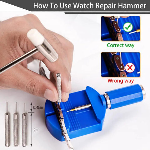 Pro Watch Link Removal Kit With Pin Remover Tools For Watch Band Adjustment And Bracelet Sizing Easy Watch Resizing Includes 5 Spare Pins 3 Pin Punches And Hammer For Quick Reliable Band Repair being used to adjust a watch band with a repair hammer.