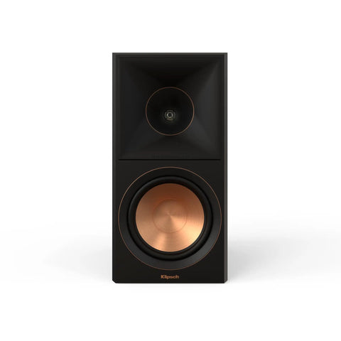 Front view of RP 600M II Ebony Bookshelf Speakers With A Bigger Tractrix Horn And 1 Inch LTS Titanium Tweeter for rich audio.