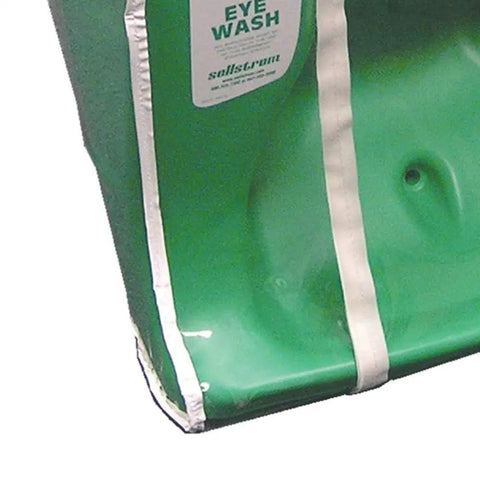 Green base of eyewash station with Clear Vinyl Replacement Dust Cover For 16 Gallon Gravity Flow Portable Eyewash Station Fits Over Entire Unit Protects From Dirt And Debris Eyewash Station Not Included.