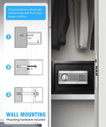 Diagram showing how to wall mount the 1.7 Cu Ft Home Safe With Digital Lock, Movable Partition, Smart Alarm, and Motion Sensor Lights