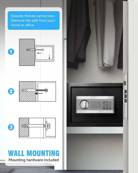 Diagram showing how to wall mount the 1.7 Cu Ft Home Safe With Digital Lock, Movable Partition, Smart Alarm, and Motion Sensor Lights