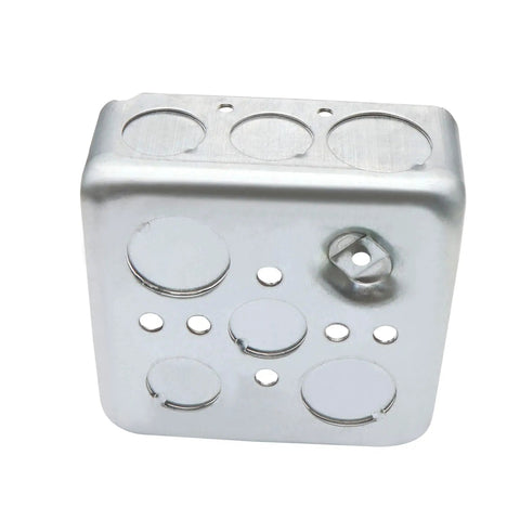 Galvanized 4 Inch Square Electrical Box With 1-1/2 Inch Depth, Ten 1/2 Inch And Six 3/4 Inch Knockouts, Built Tough Raised Grounded