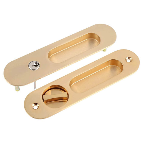 Keyed Sliding Pocket Door Lock With Three Keys For Hidden Recessed Handle Easy Install Perfect For Bathroom Kitchen And Wood Furniture Hardware Durable Zinc Alloy Construction With Rust Resistant Finish shown in gold color.