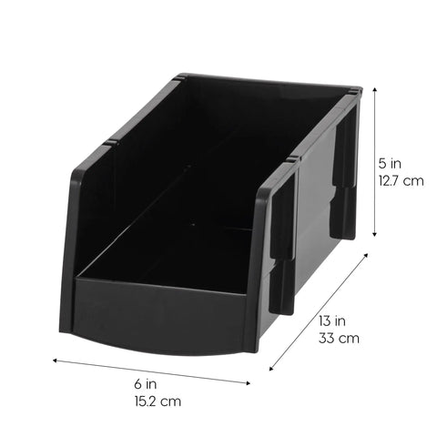 Black Large Stackable Plastic Shelf Bins 8 Pack Open Front Organizer For Parts Tools Hardware Pantry Garage 13 Inch Long By 6 Inch Wide By 5 Inch High Made In USA