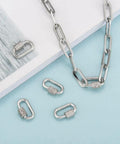 Five Silver Screw Carabiner Lock Charms Set With Brass Micro Pave Cubic Zirconia Oval Quick Links Clasp for DIY Jewelry Making