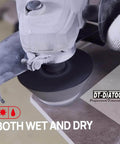 DT-DIATOOL diamond beveling chamfer bit mounted on angle grinder; close-up view, wet and dry use.