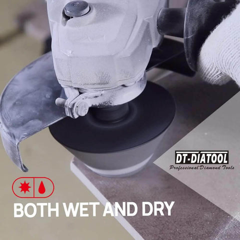 DT-DIATOOL diamond beveling chamfer bit mounted on angle grinder; close-up view, wet and dry use.