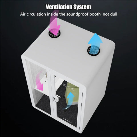 Mobile Soundproof Office Pod Booth With Smooth Rolling Wheels And Auto Swing Door featuring ventilation system for fresh air.