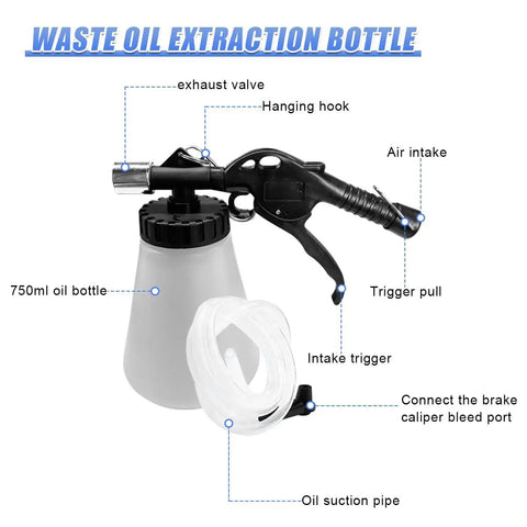 Waste oil extraction bottle with labeled parts including exhaust valve, hanging hook, and trigger for DIY use.