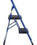 Side view of Two Step Steel Stool With Rubber Hand Grip In Blue For Home Use, showing non marring feet and large slip resistant steps.