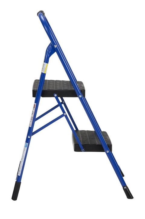 Side view of Two Step Steel Stool With Rubber Hand Grip In Blue For Home Use, showing non marring feet and large slip resistant steps.