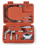 All-In-One Grease Gun Kit With Attachments And 90-Degree Swivel For Home Garage And Shop Industrial Quality Lubrication Accessory Set Fits Most Couplers Easy Connect Design For Fast Pro-Grade Maintenance in open orange case, showing hose, swivel, and metal adapters.