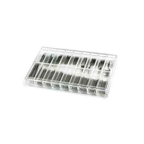 Pro Grade Watch Band Repair Kit With 8mm To 25mm Spring Bars And Pins, clear case showing assorted sizes, easy strap swap and adjustment