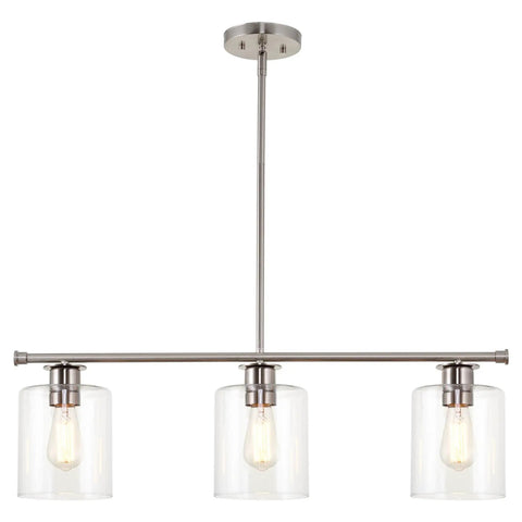 Three Light Kitchen Island Fixture With Clear Glass Cylinder Shades In Warm Brass Finish, Modern Industrial Farmhouse Pendant Lighting With Adjustable Hanging Height For Custom Height