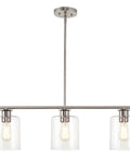 Sloane 31-Inch 3-Light Modern Industrial Farmhouse Island Light With Clear Glass Shades, Adjustable Hanging Height, Brushed Nickel Finish