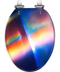 Elongated Toilet Seat Soft Close for Bathroom, colorful design, measures 14.5" x 18.5", sturdy material, top view.
