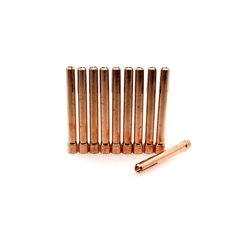 10 copper 10N24 TIG Weld Collet 3/32 Inch 2.4mm Electrode Holder For WP-17 WP-18 WP-26 arranged vertically with one lying down