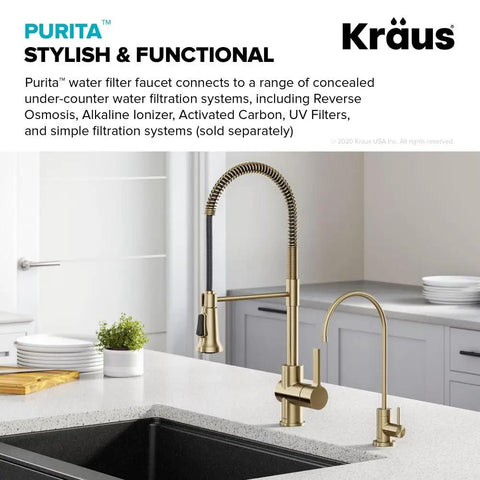 Hella Durable Standalone Kitchen Water Filter Faucet In 100 Percent Lead Free Brass With A Slick Spot Free Antique Champagne Bronze Finish for filtered water in a kitchen sink.