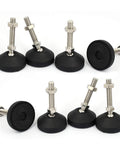 Heavy Duty Adjustable Leveling Feet With Swivel Base And Non Slip Rubber Pads Kills Furniture Wobble Cold On Uneven Floors Nickel Plated Carbon Steel For Machines And Workbenches Set Of Eight displayed in two rows with rubber bases and metal stems.