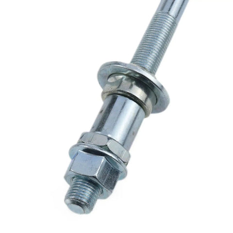 Hella Durable Rear Bicycle Hub Axle 190 Mm Compatible With 3/8 Inch Frame Spacing And 26 Tpi Threads close-up view of silver coated axle.