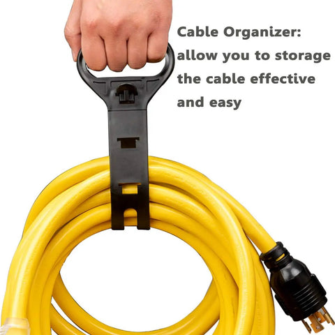 Heavy Duty 25 Ft Generator Extension Cord With Locking NEMA L5-30P And Three 5-15R Receptacles, 10 Gauge Flexible, in hand