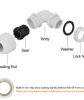 Components of M40 90 Degree Cable Gland Set, Adjustable 26-33mm Fit, Right Angle Strain Relief For Electrical Boxes, Nylon Joints With Gaskets