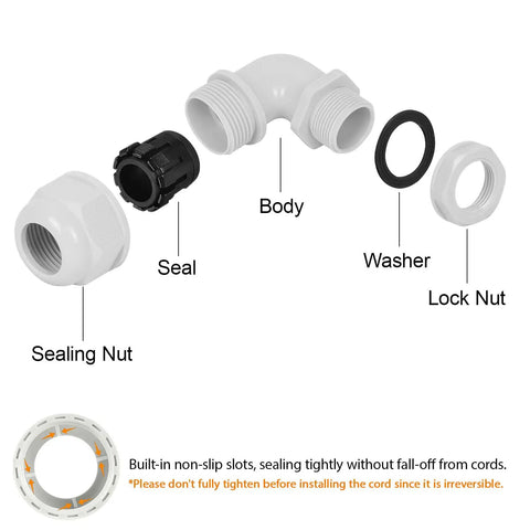 Components of M40 90 Degree Cable Gland Set, Adjustable 26-33mm Fit, Right Angle Strain Relief For Electrical Boxes, Nylon Joints With Gaskets