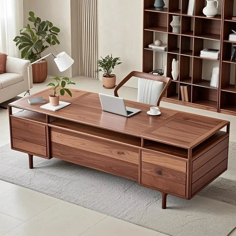 Top Shelf Solid Wood Office Desk Featuring Expert Mortise Tenon Joinery Delivers Serious Flex For Your Home Workspace Or Apartment Studio While Keeping Your Gear Neat And Tidy. Compact walnut desk with drawers and a laptop.