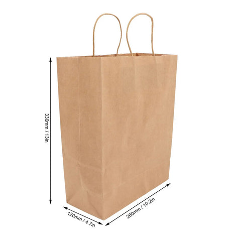 Kraft Paper Shopping Bags With Handles 50 Pack Reusable And Durable All Purpose For Grocery Runs Gifts Wrapping DIY Decor And Crafts Large Capacity 330x260x120 Mm shown with dimensions