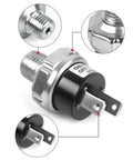 165 To 200 Psi Air Pressure Switch With One Quarter Inch NPT Thread For Train Horn Valve And Air Compressor Plug And Play DC 12V And 24V Electrical Control Mountable Suspension Tank Silver Finish Two Pack close-up