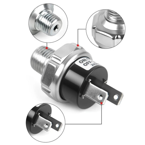 165 To 200 Psi Air Pressure Switch With One Quarter Inch NPT Thread For Train Horn Valve And Air Compressor Plug And Play DC 12V And 24V Electrical Control Mountable Suspension Tank Silver Finish Two Pack close-up