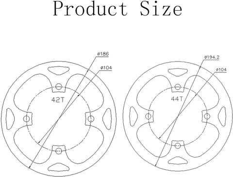 Diagram showing Beefy Aluminum 104 BCD Chainring Guard sizes for 42T and 44T sprockets, product size details included.