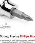 Close-up of Phillips bit from the Three Eighths Inch Drive Phillips And Slotted Bit Socket Set with S2 steel material and precise tip.